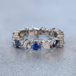 Sapphire & White Multi Shapes Cut Moissanite Gemstone Eternity Band <b>Ring</b> 925 Silver <b>Proposal</b> Gift For Engagement Party Charm - Product Image 2
