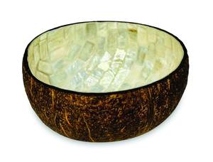 Cuenco de coco blanco con mosaico de nácar, hecho a mano con incrustaciones artísticas de conchas para utensilios de cocina. - Product Image 1