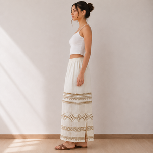 Womens Embroidered Maxi <b>Skirt</b> <b>Elastic</b> <b>Waist</b> Tribal Geometric Design Lightweight Breathable Boho Style | Casual Summer Vacation - Product Image 2