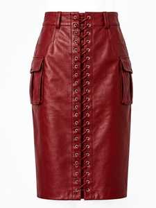 Premium Quality <b>Women</b>’s Burgundy <b>Leather</b> Lace-Up <b>Skirt</b> with Pockets - Product Image 1