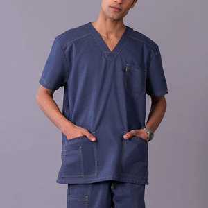 Ensemble de blouses médicales en denim bleu pour hommes, col en V, manches courtes, coton, uniformes d'hôpital, pantalon avec poches - Product Image 2