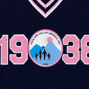 เสื้อสเวตเตอร์ถักคอวีสีน้ำเงินกรมท่า แจ็คแอนด์จิล ปี 1938 ลายทางสีชมพู แขนยาว พิมพ์ลายกราฟิก สวมใส่สบาย แฟชั่นขายส่งสำหรับทุกเพศ - Product Image 5