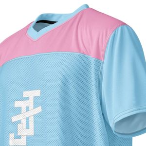 เสื้อฟุตบอลตาข่ายสีฟ้าอ่อนชมพูแบบยูนิเซ็กซ์ แขนสั้น คอวี สกรีนโลโก้ได้ ระบายอากาศดี เสื้อทีมกีฬา เสื้อลำลองสำหรับออกกำลังกาย - Product Image 6