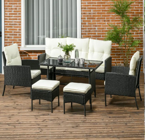 Ensemble de salle à manger en rotin synthétique tressé noir avec deux fauteuils, des poufs et une table en verre, disponible à prix de gros. - Product Image 1