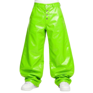 Men's High Waist Wide Leg Pants Green PU Coated Street Style Button Closure <b>Summer</b> Fashion <b>Trousers</b> - Product Image 6