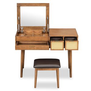 Set Toeletta Classico in Legno Marrone da 110 cm con Specchio a Ribalta, Sgabello, Luci LED, Tre Cassetti e Spazio di Archiviazione Rimovibile - Product Image 6