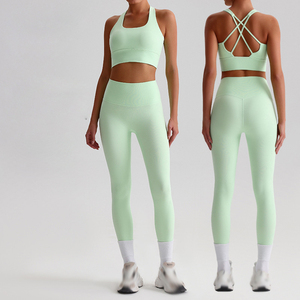 Nouveautés : Ensemble de leggings de yoga pour femmes en polyester/coton, respirant, uni, tenue de sport 2 pièces, taille élastique - Product Image 6