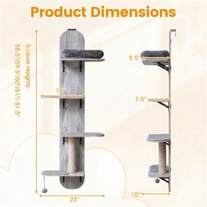 Albero per Gatti da Appendere alla Porta a 5 Livelli Regolabili, Grigio, 4 Piani, Senza Foratura, Facile Installazione per Appartamenti - Product Image 3