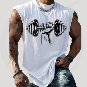 Débardeur blanc sans manches pour homme avec imprimé haltères, col en V, coupe décontractée douce, en coton respirant, idéal pour l'entraînement, avec logo frontal - Product Image 1