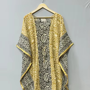 ชุดคลุมยาวพิมพ์ลายบากรูผ้าฝ้ายแท้รักษ์โลก สไตล์อินเดีย พิมพ์ลายด้วยมือ เหมาะสำหรับฤดูร้อน ลายดอกไม้ ใส่ไปชายหาดได้ สวมใส่สบาย ยาวคลุมเข่า - Product Image 1