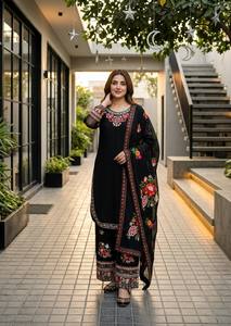 Ensemble Salwar Kameez pour femme en coton blanc brodé de fleurs trois quarts, pantalon palazzo long, châle, style de fête, tenue pakistanaise - Product Image 5