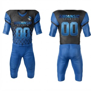 Uniforme de Fútbol Americano Personalizado, Conjunto de Pantalones y Camiseta en Negro y Azul Rey, Impresión por Sublimación, Poliéster Transpirable, para Adultos y Jóvenes, Deporte de Equipo - Product Image 1