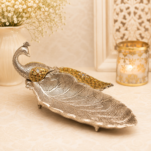 Plat de service en argent et or fait main, motif paon, artisanat indien traditionnel, centre de table décoratif, accent pour salon - Product Image 2