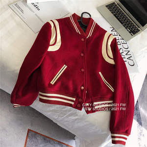 Fashion <b>Red</b> Varsity Knitted <b>Jacket</b> with Patchwork Regular Length <b>Waterproof</b> - Product Image 4