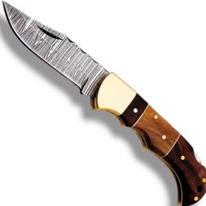 Couteaux pliants haut de gamme avec lame en acier à motifs, manche courbé et étui de rangement en cuir pour le camping en plein air et les tâches utilitaires - Product Image 1