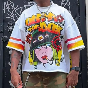 Camiseta estampada 100% algodón con hombros descubiertos para hombre y mujer, camiseta gráfica personalizada, ropa casual de calle de primera calidad, 100% algodón - Product Image 3