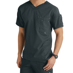Men's Black V-Neck Scrub <b>Top</b> With Chest Pocket And Sleeve Patch Hospital Uniform Wear - Product Image 4