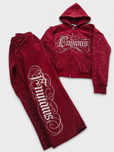 Inimus Red <b>Velvet</b> <b>Tracksuit</b> With Rhinestone Logo Full Zip Hoodie And Pants Set Streetwear For Adults Winter Wear - Product Image 1