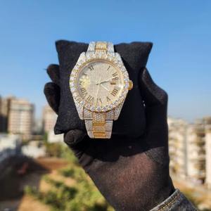 Bling <b>Mens</b> <b>Watch</b> Stainless Steel Two Tone VVS1 Moissanite Diamond Full Iced Luxury Roman Numeral <b>Quartz</b> Pointer Dial Timepiece - Product Image 3