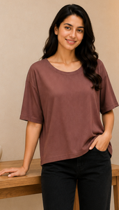 Top Corto Oversize de Algodón Estampado de Alta Calidad para Mujer, Manga Corta, Cuello Redondo, Color Marrón, Uso Diario Informal, Venta al por Mayor - Product Image 2