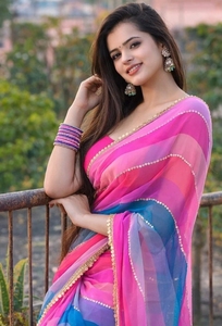 Sari en Georgette pour femme KV, imprimé numérique, orné, brodé, à motifs floraux, rayé, pour usage quotidien (multicolore) - Product Image 1