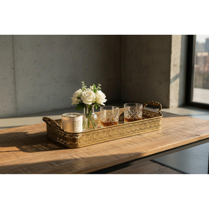 Plateau de service en métal à prix avantageux pour la maison et l'hôtellerie, plateau en laiton martelé avec finition dorée brillante et polie - Product Image 5
