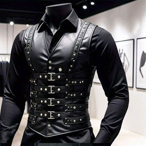 2026 Mens Corset Vest Real Leather Steel Boned Steampunk Gothic Business Waistcoat US - Product Image 1