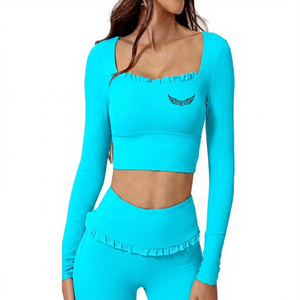 Women's Pink <b>Square</b> <b>Neck</b> <b>Long</b> <b>Sleeve</b> Crop <b>Top</b> With Ruffles And Embroidery Logo Yoga Fitness Wear - Product Image 5