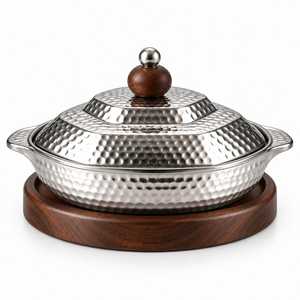 Plat à réchaud rond avec support en bois, base en bois, revêtement extérieur en bois, chauffe-plat artisanal en bois - Product Image 5