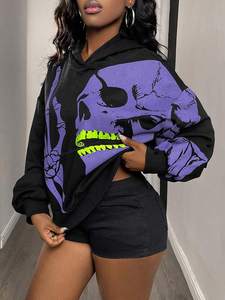 Sudadera con capucha extragrande negra para mujer con estampado de calavera y mano de esqueleto morados, forro polar, manga regular, venta directa de fábrica OEM - Product Image 3
