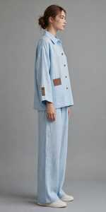 Women's Loose Linen Shirt <b>Set</b> Turn Down Collar Three Quarter Sleeve <b>Top</b> With Pockets - Product Image 4