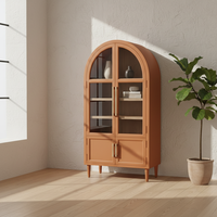 Vitrine Moderne Rectangulaire en Bois d'Hévéa, MDF et Placage Chêne, Écologique, Portes à Volets, 4 Compartiments, pour Salon