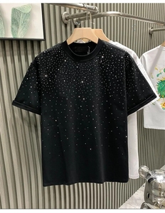 Custom Rhinestone O-Neck Short Sleeve T-shirt Trendy Drop Shoulder Hip Hop <b>Tshirt</b> for Men - Product Image 1