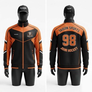 Premium 280 GSM Polyester/Rayon Hooded <b>Fleece</b> Waterproof Ice Hockey Training Jacket Black <b>Orange</b> Contrast Panel Custom Heat - Product Image 1