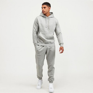 Men's Gray Hooded Tracksuit 100% Cotton Casual Full Length Sweatshirt and Pants Set Solid Color Breathable Autumn Wear - Product Image 1