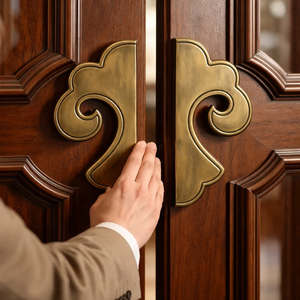 มือจับประตูทองเหลืองโบราณแบบทันสมัย Nimbus ทนทาน สวยงาม |   อุปกรณ์ตกแต่งประตูทางเข้าโรงแรมรูปทรงโค้ง - Product Image 4