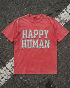 Camisetas de hombre con bordado distressed y estampado Happy Human, camiseta de algodón roja, camiseta informal de manga corta con cuello redondo y ajuste regular para hombre - Product Image 1
