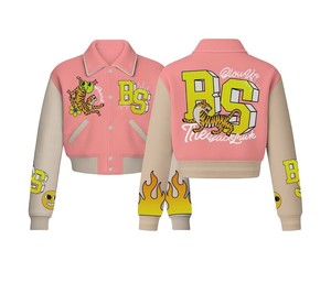 Veste bomber en twill à col universitaire unisexe pour femme, avec logo personnalisé, broderie chenille, patch en cuir, en polaire pour l'hiver - Product Image 4