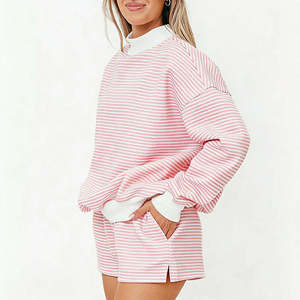 <b>Pink</b> White Mock Neck <b>Sweatshirt</b> with Fine Horizontal Stripe Pattern Long Sleeves Contrast Cuff Hem Trim Custom Logo Clothing - Product Image 3