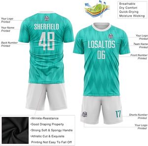 เสื้อฟุตบอลแบบกำหนดเองได้ ยูนิเซ็กซ์ สีเขียวอมฟ้า ขาว พิมพ์ลายแบบ Sublimation แขนสั้น คอกลม ระบายเหงื่อได้ดี เป็นมิตรกับสิ่งแวดล้อม ทรงปกติ - Product Image 4