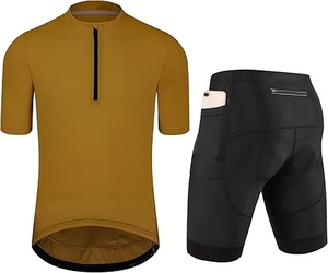 Ensemble de maillot de cyclisme pour homme, chemise à manches courtes couleur moutarde et short de vélo noir avec poche, séchage rapide, respirant - Product Image 1