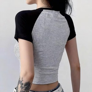 Women's Gray Black <b>Raglan</b> Sleeve Crop <b>Top</b> O-Neck Short Sleeve Slim Fit Casual Jersey T-Shirt Spring Summer Breathable Custom - Product Image 1