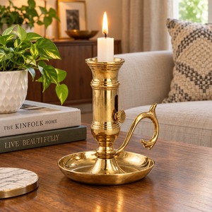Gold Brass Chamberstick <b>Candle</b> Holder Handled Taper Stand Adjustable Height Slider Round <b>Dish</b> Base Tabletop Centerpiece Decor - Product Image 2