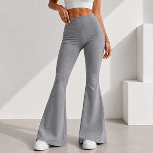 High Waist Flare <b>Pants</b> Women Gray Knitted Full Length Casual Solid Color Elastic Waist Breathable Regular Fit Spring Style - Product Image 2