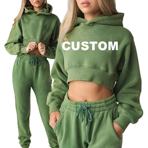 Conjunto de Sudadera Corta con Capucha y Pantalones Jogger a Juego para Mujer, Estilo Casual Urbano, Corte Regular, Liso, para Invierno y Actividades al Aire Libre - Product Image 1