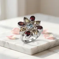 Bague Statement en Argent Sterling 925 avec Pierres Précieuses Multicolores, Design Floral Fait Main, Grenat, Citrine, Topaze Bleue, Vente en Gros de Bijoux