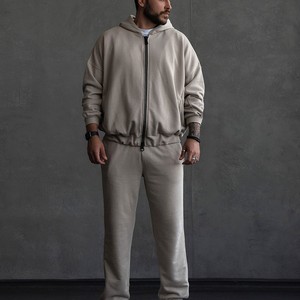 Ensemble de survêtement beige à capuche pour homme 2026 – Sweat-shirt et pantalon à fermeture éclair, coupe ample, couleur unie, décontracté, pour l'automne, 100 % coton, poids moyen - Product Image 1