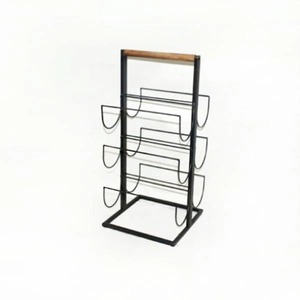Porte-bouteilles à vin moderne noir en fil métallique avec poignée en bois, rangement vertical, support portable pour bouteilles de vin - Product Image 6