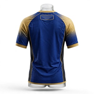 Maillot de football respirant à manches courtes pour homme en polyester, bleu roi et or ombré, col en V, imprimé par sublimation, coupe raglan en maille - Product Image 2