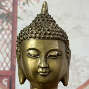 Statue de tête de Bouddha en laiton antique, artisanat métallique moderne fait main, thème culturel, décoration artistique durable pour la maison, présentation sur table - Product Image 1